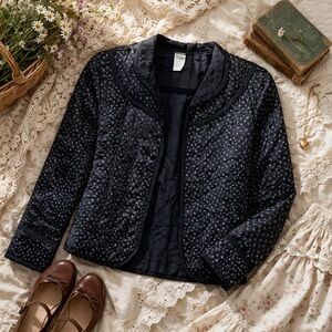 VINTAGE Quilted Black & Ditsy Floral Patterned Jacket Blazer Size Small Cottage